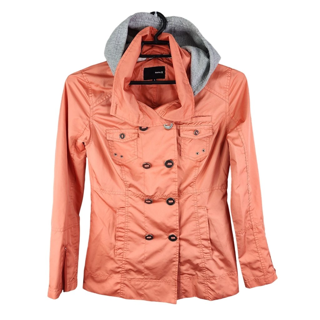 Womens Hurley Double Breasted Coral Jacket W/ Removable Gray Hood Button Front S